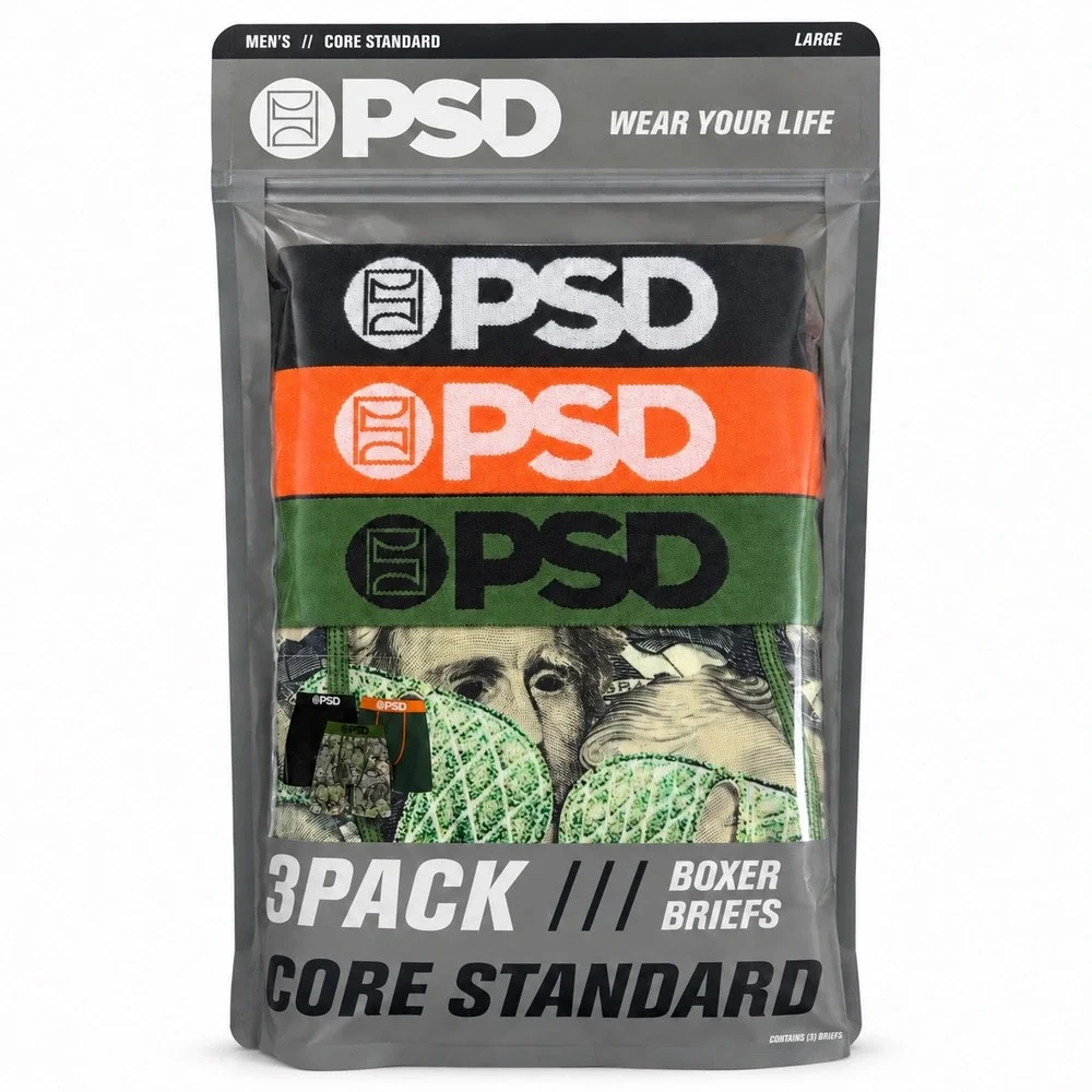 PSD Underwear Mens 3-Pack Boxer Briefs Core Standard Money Camo Large NEW